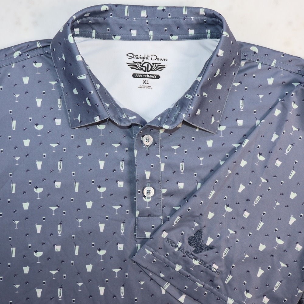Straight Down Performance Golf Polo Monarch Beach Cocktail Print Blue Mens XL